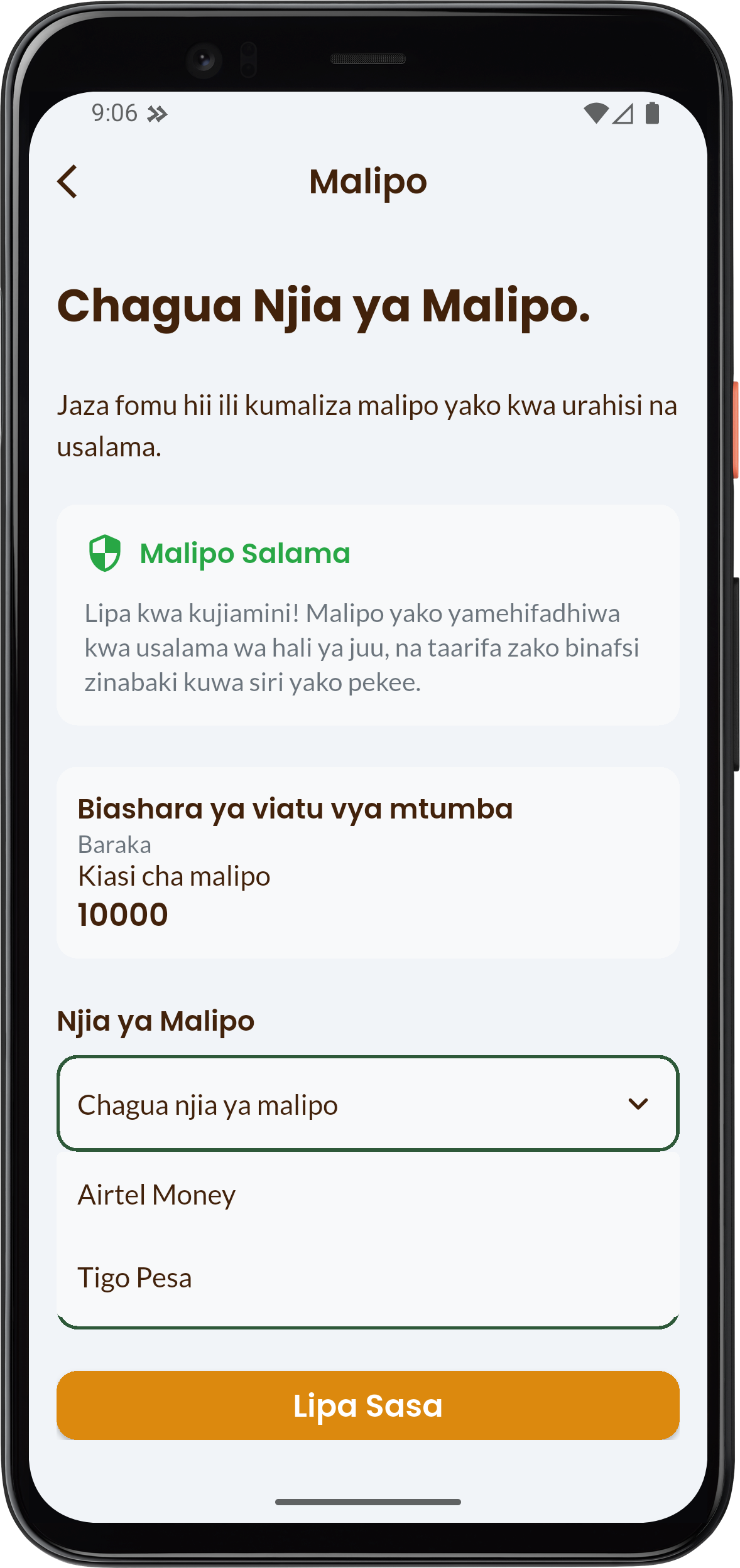 Payment screen showing method selection